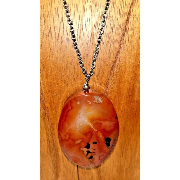 HM Silver Caramel Brown Black Oval Agate Stone Leaf Overlay Statement Necklace - Picture 8 of 8